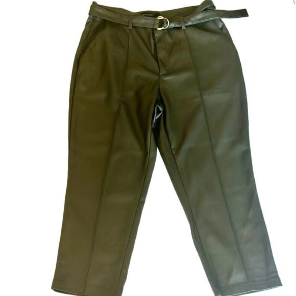 Marc New York Dark Olive Vegan Leather Belted Crop Pants Sz 14 NWT